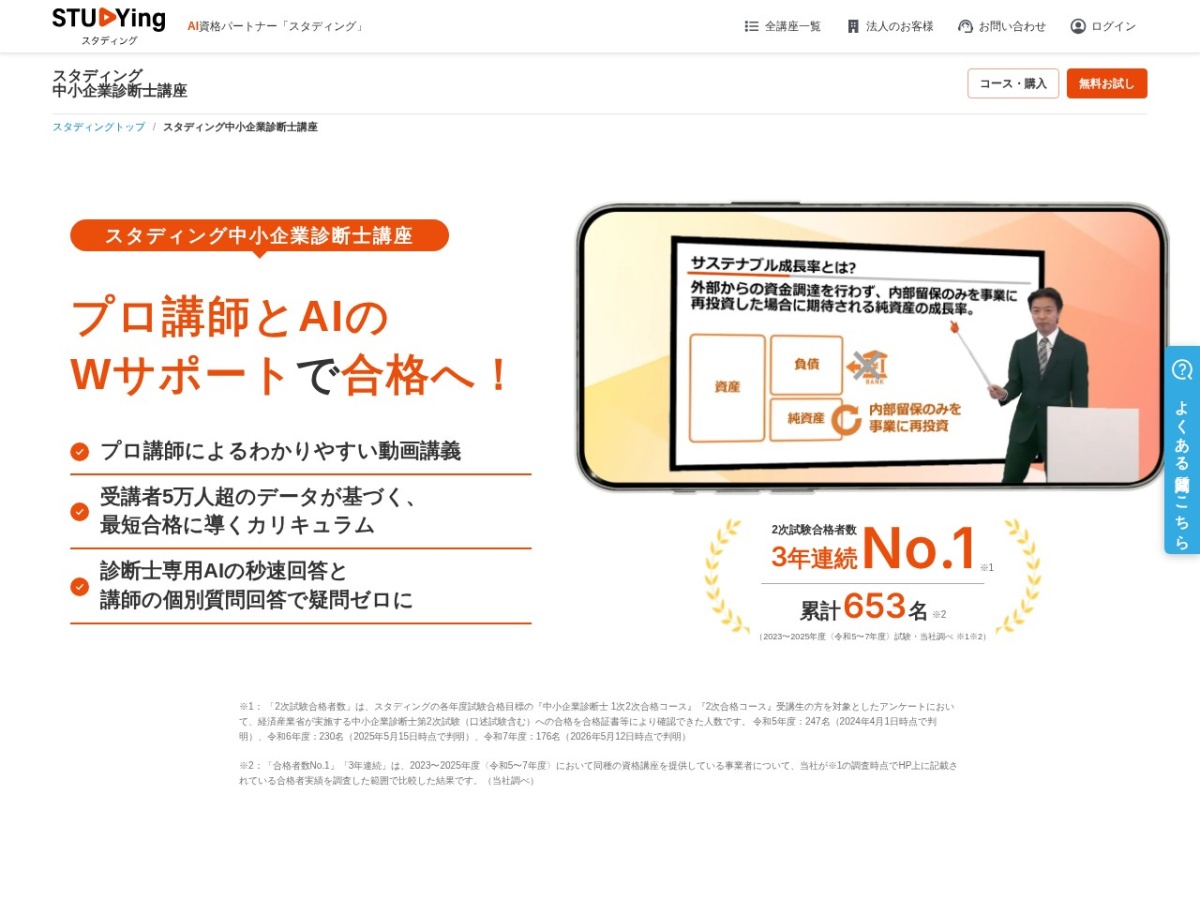 スタディング(STUDYing)の中小企業診断士講座ページ